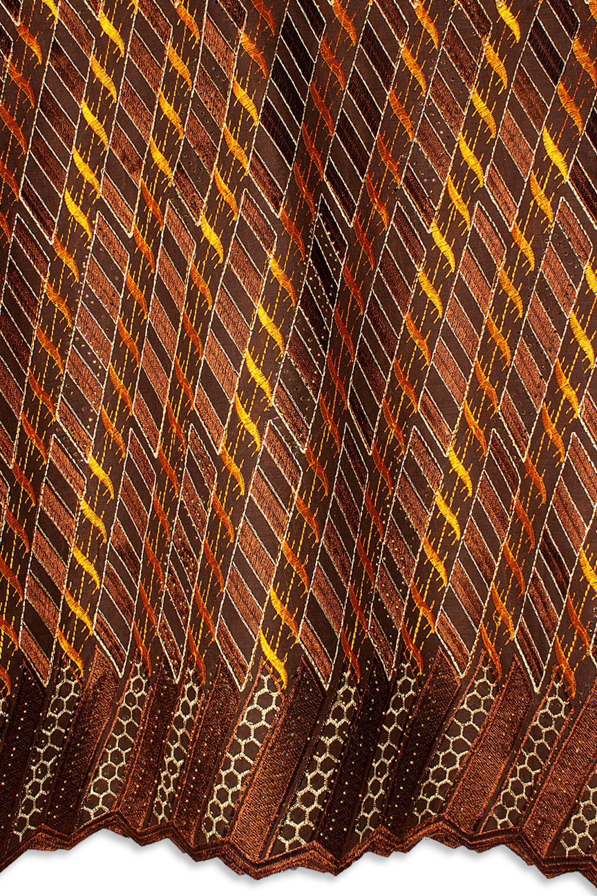 IRE658-CHO - Voile Lace - Chocolate Brown, Orange & Gold