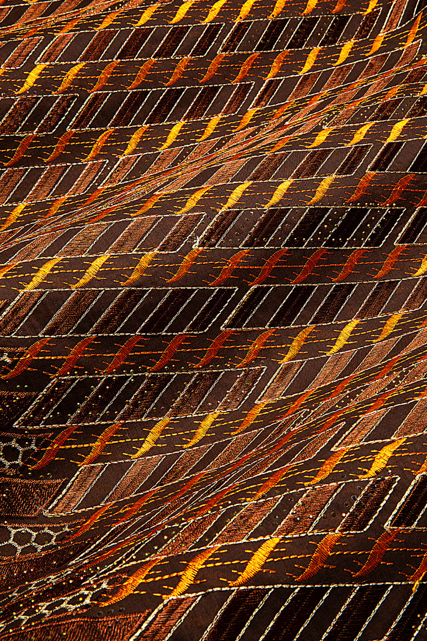 IRE658-CHO - Voile Lace - Chocolate Brown, Orange & Gold
