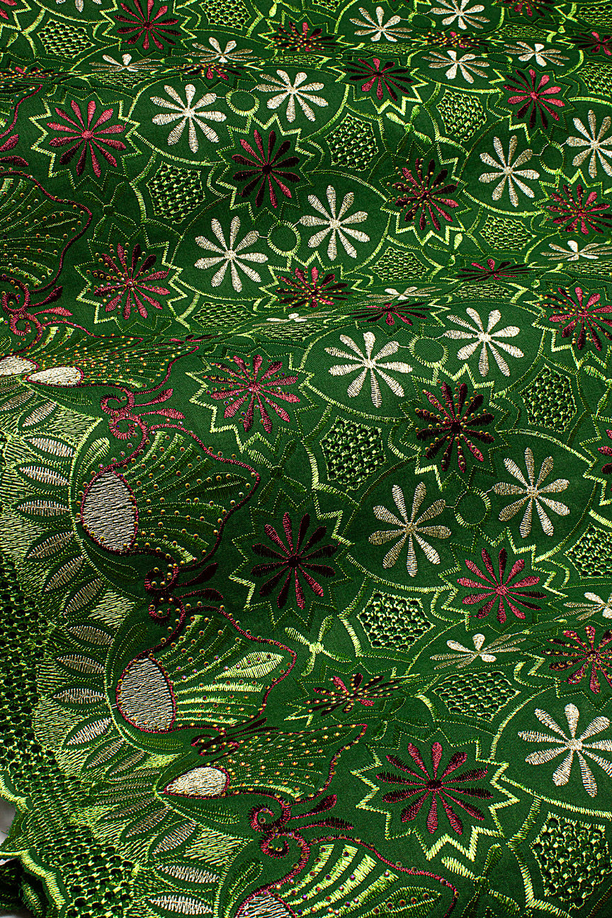 IRE660-FGN - Voile Lace - Forest Green, Leaf Green & Light Gold