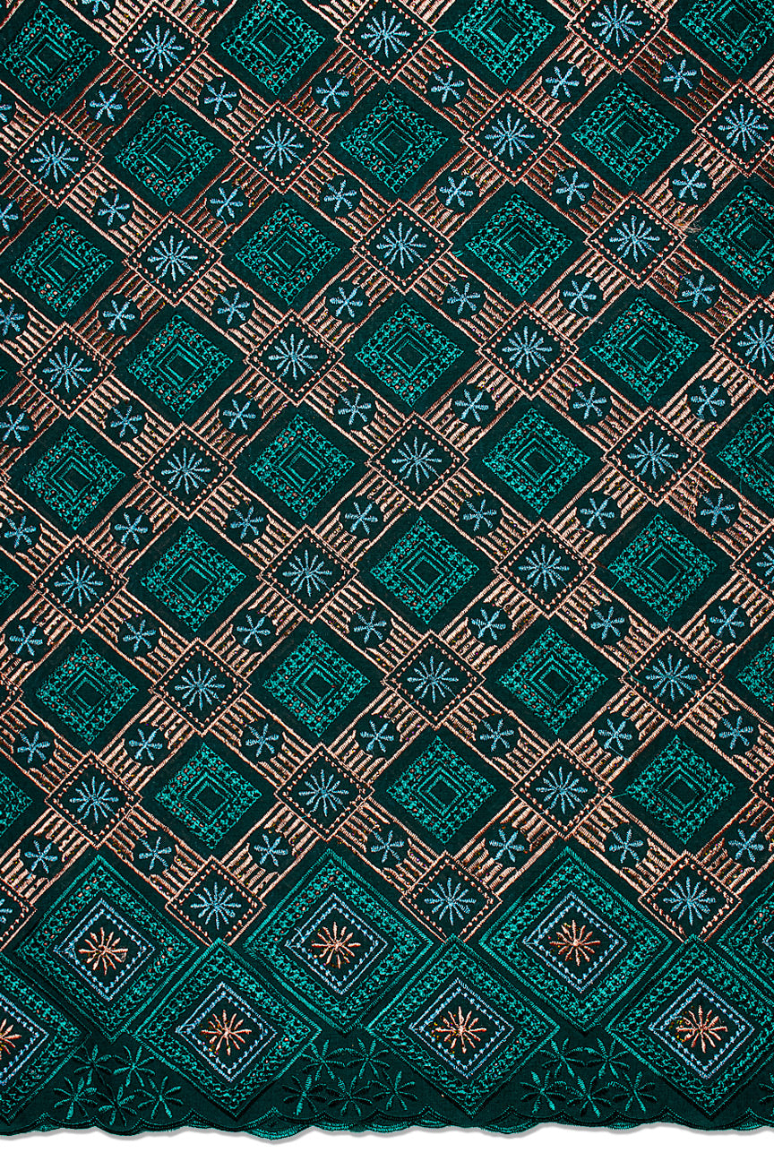IRE662-TLG - Voile Lace - Teal Green, Peach & Turquoise Blue_