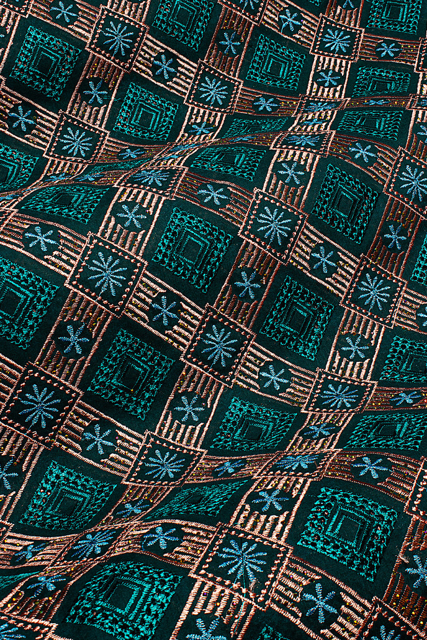 IRE662-TLG - Voile Lace - Teal Green, Peach & Turquoise Blue_