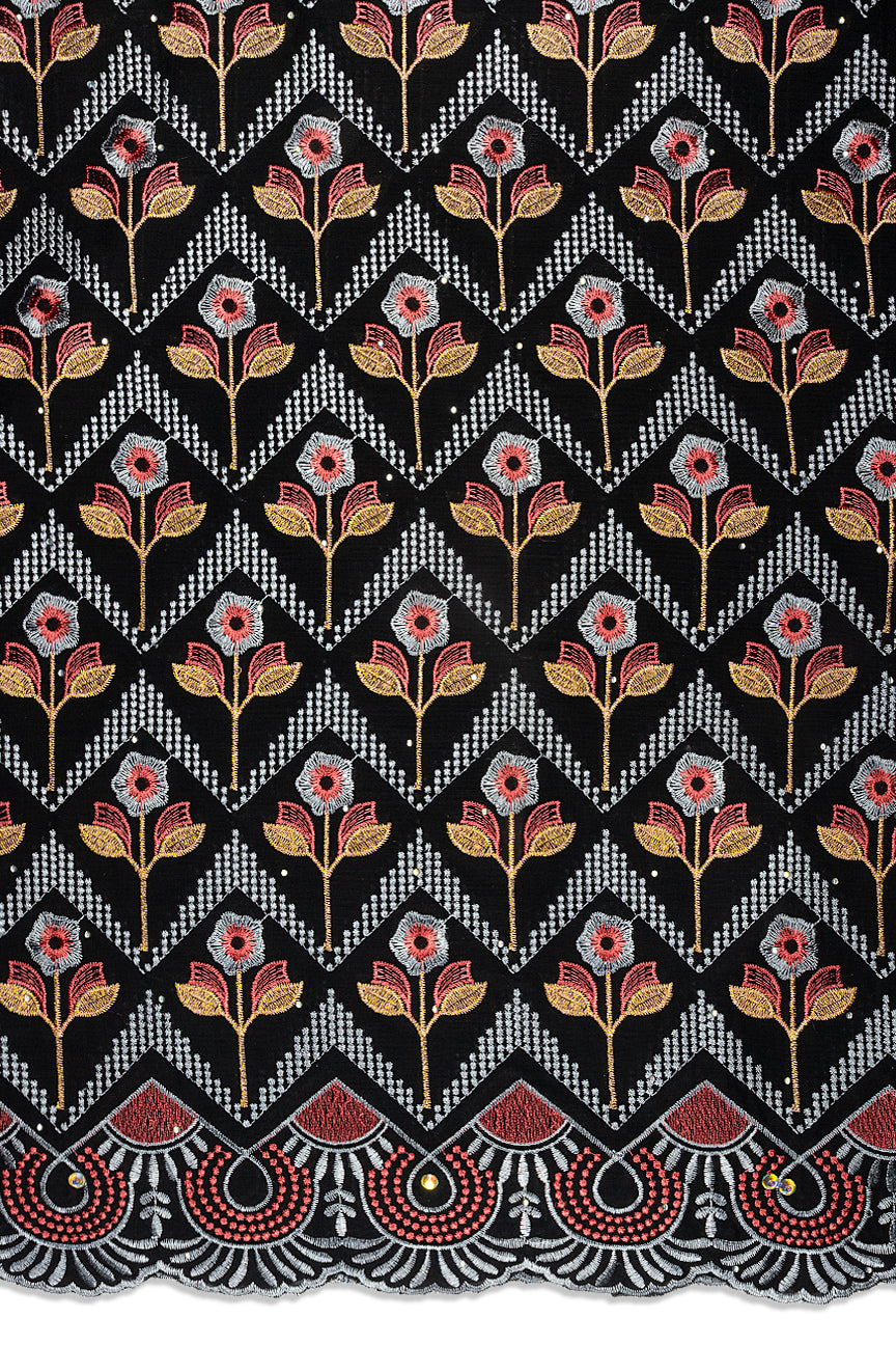 IRE667-BGY - Voile Lace - Black, Grey & Coral
