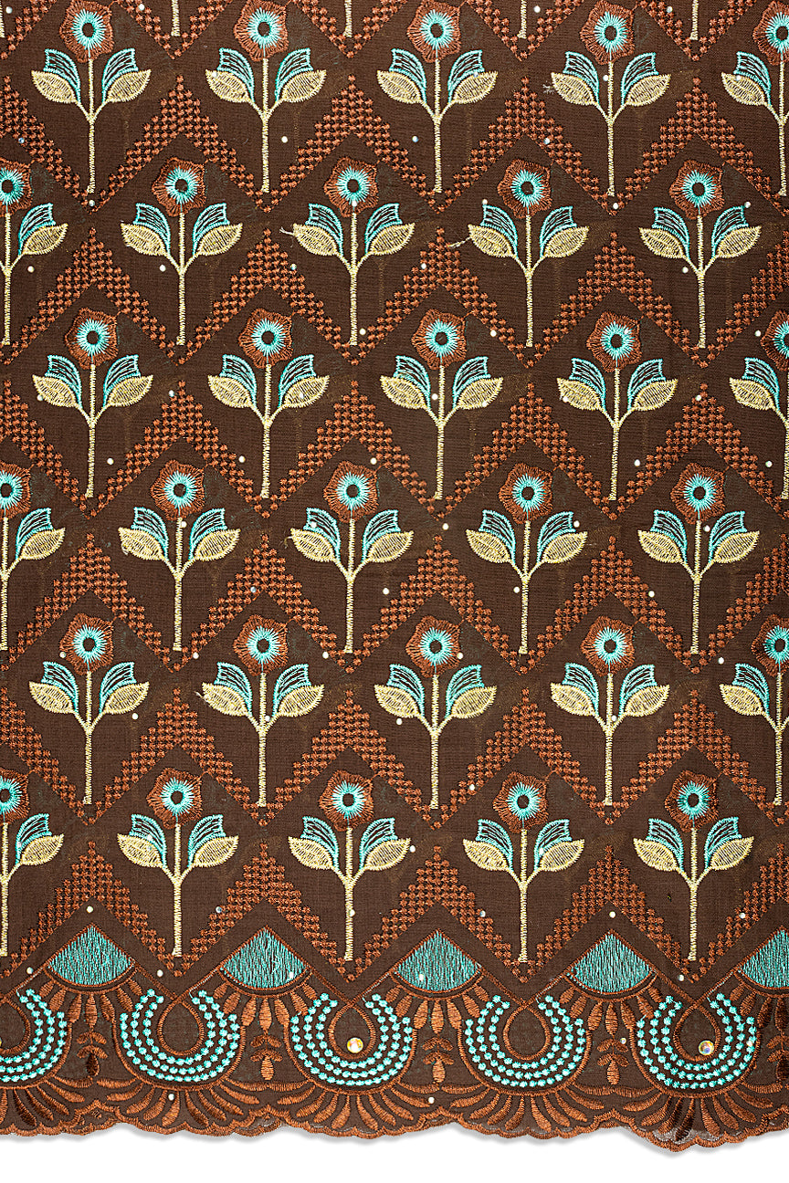 IRE667-CHO - Voile Lace - Chocolate Brown, Sea Green & Gold