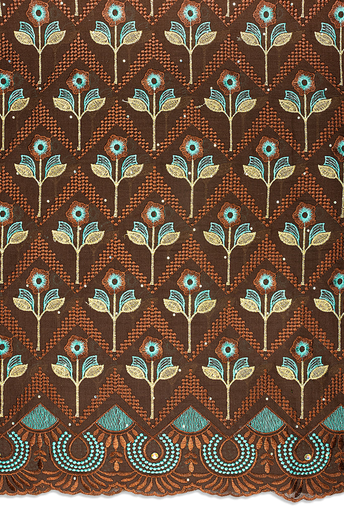 IRE667-CHO - Voile Lace - Chocolate Brown, Sea Green & Gold