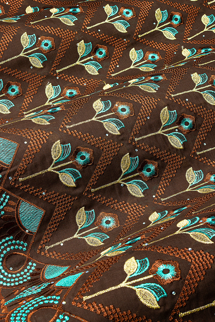 IRE667-CHO - Voile Lace - Chocolate Brown, Sea Green & Gold