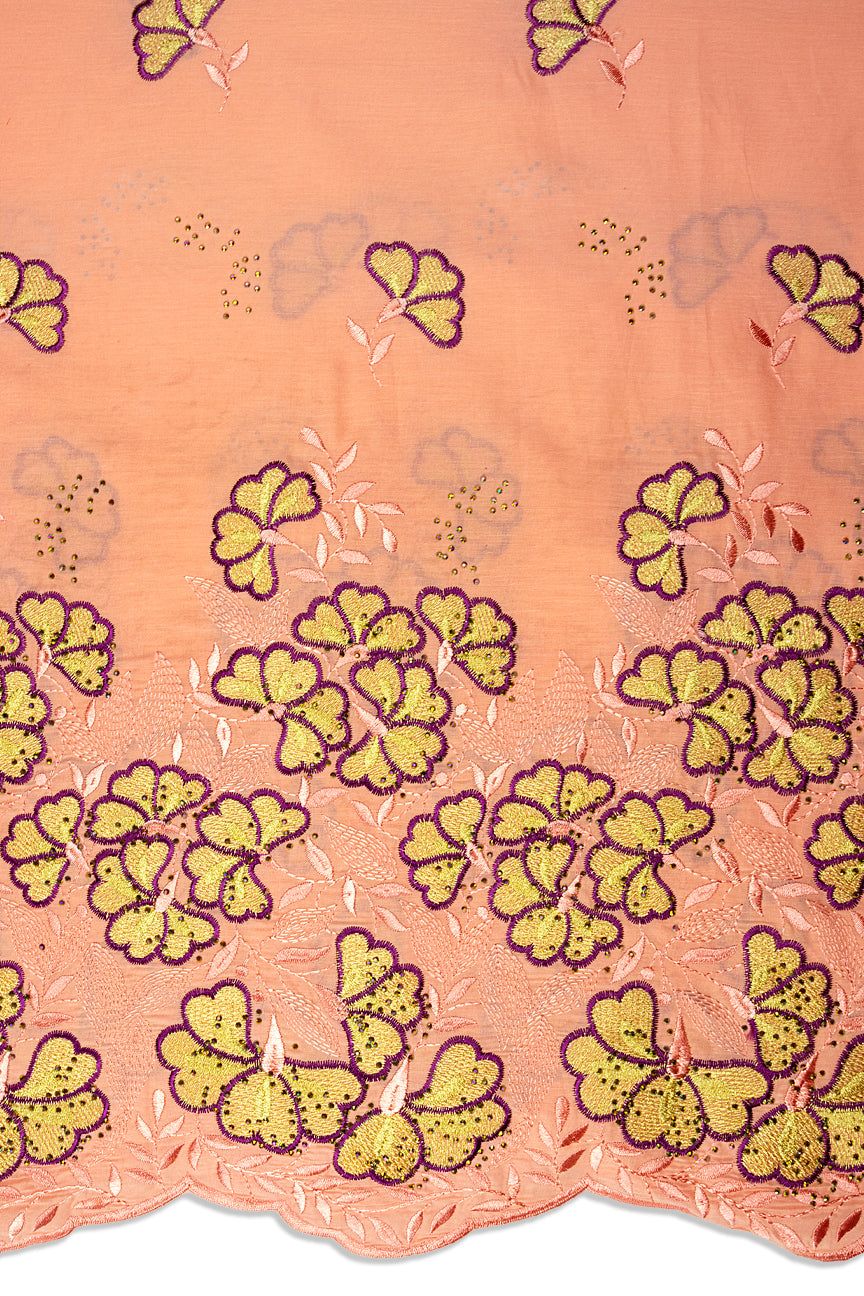 IRE669-PCH - Voile Lace - Peach, Bottle Green & Gold