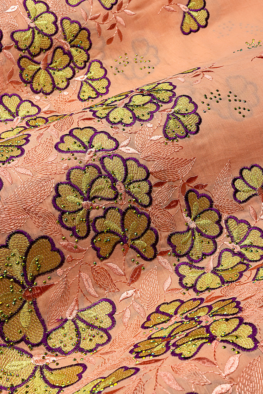 IRE669-PCH - Voile Lace - Peach, Bottle Green & Gold