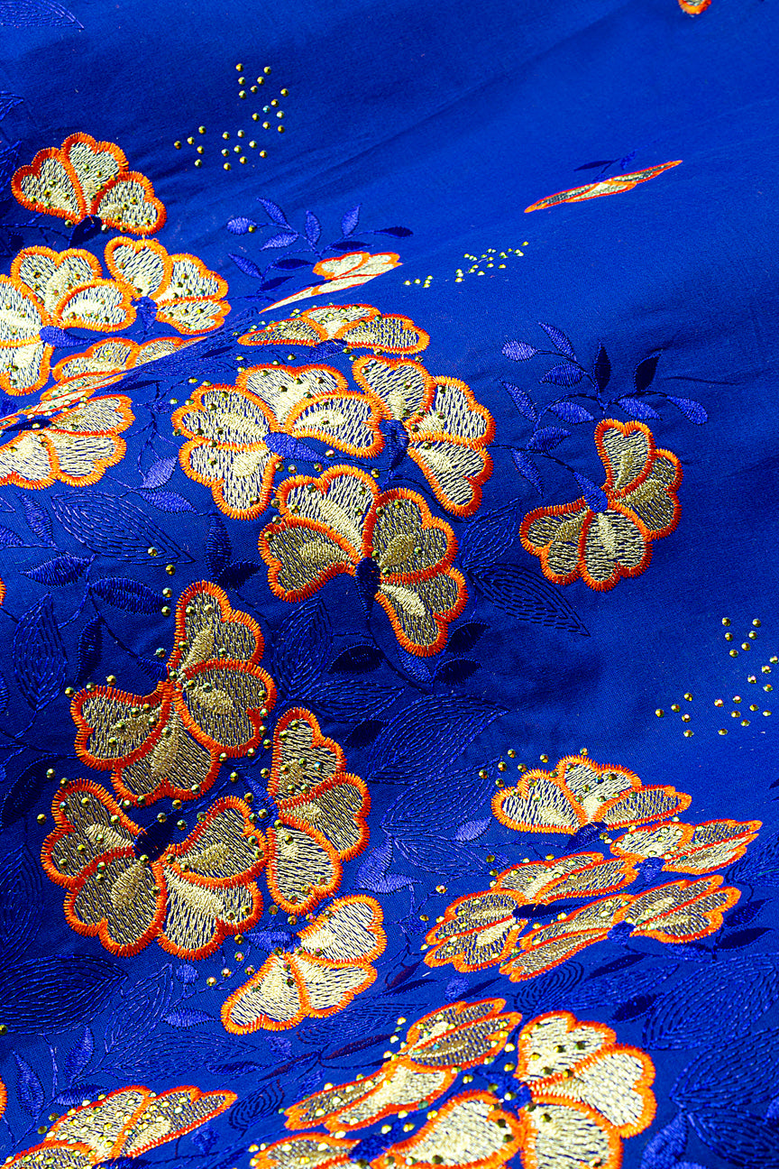 IRE669-RBL - Voile Lace - Royal Blue, Orange & Gold