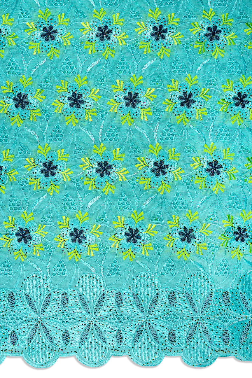 IRE670-AQU - Voile Lace - Aqua, Blue-Black & Lemon Green
