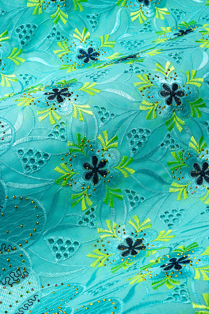 IRE670-AQU - Voile Lace - Aqua, Blue-Black & Lemon Green