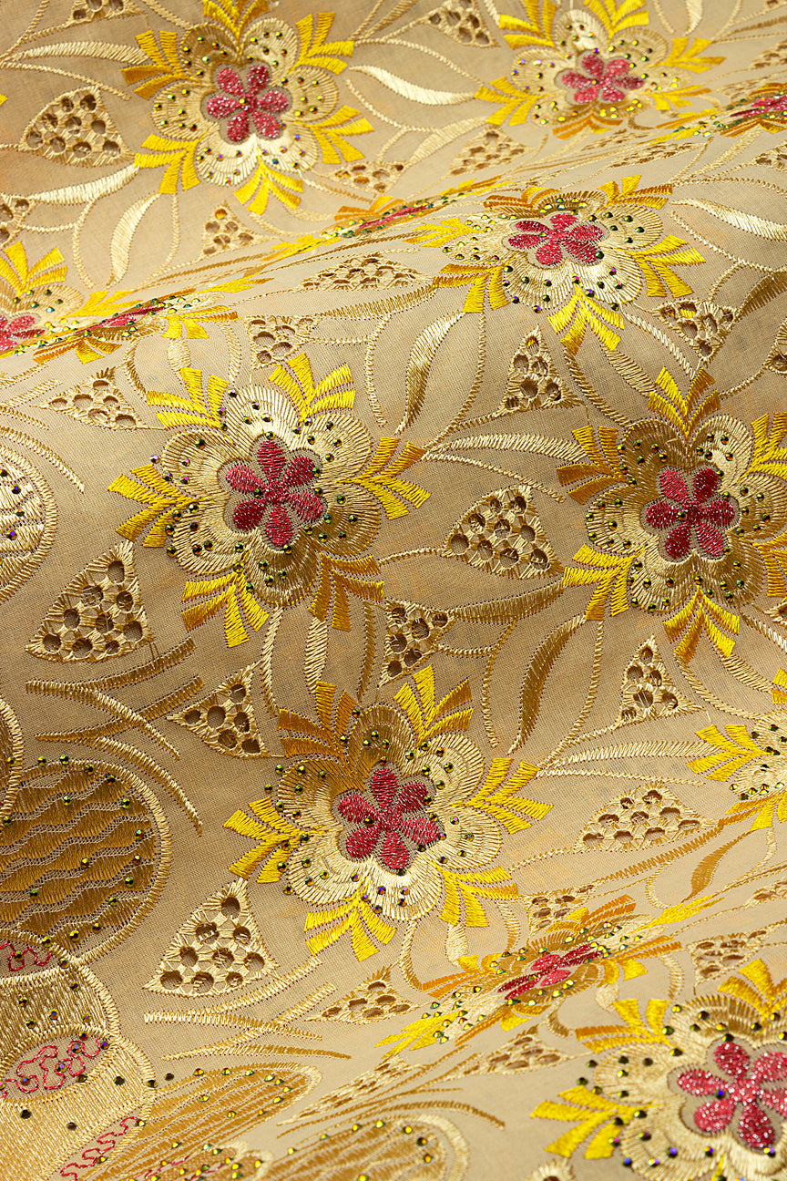 IRE670-BGE - Voile Lace - Beige, Yellow-Gold & Pink