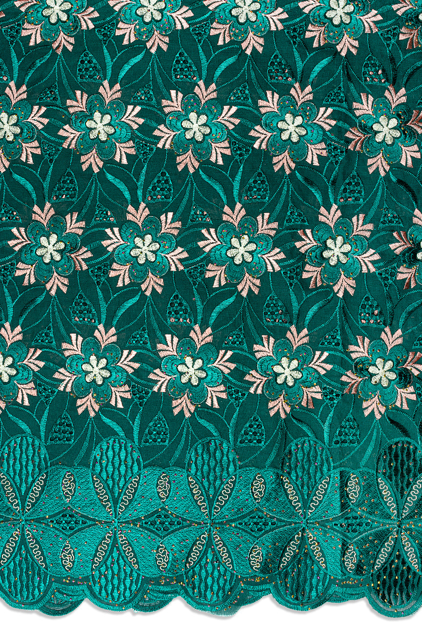 IRE670-BGN - Voile Lace - Bottle Green, Teal, Peach & Gold