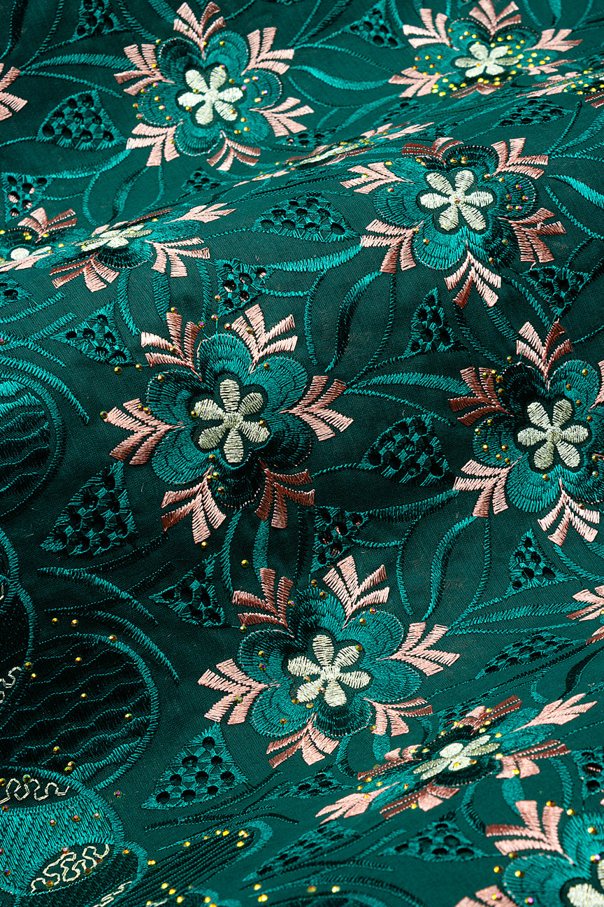 IRE670-BGN - Voile Lace - Bottle Green, Teal, Peach & Gold