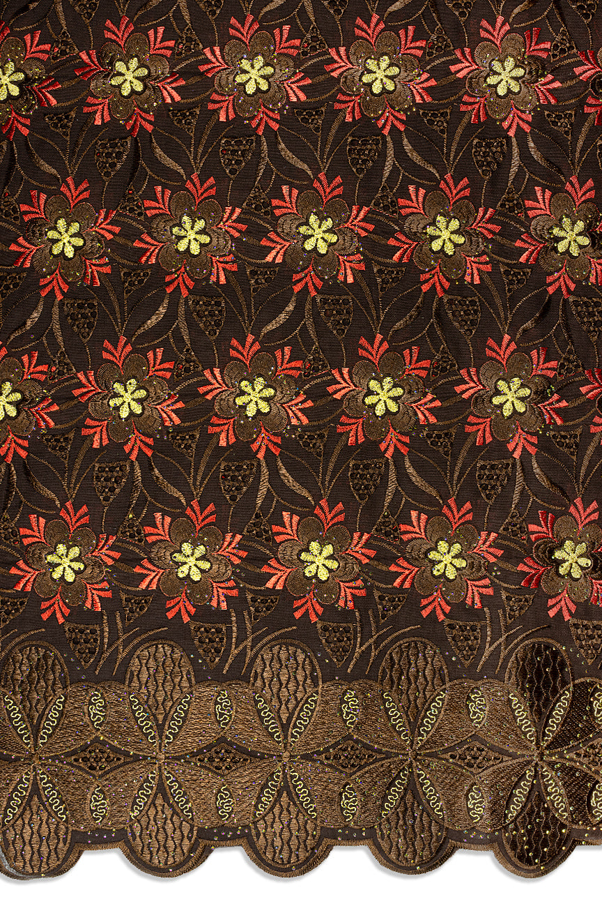 IRE670-CHB - Voile Lace - Chocolate Brown, Red & Gold