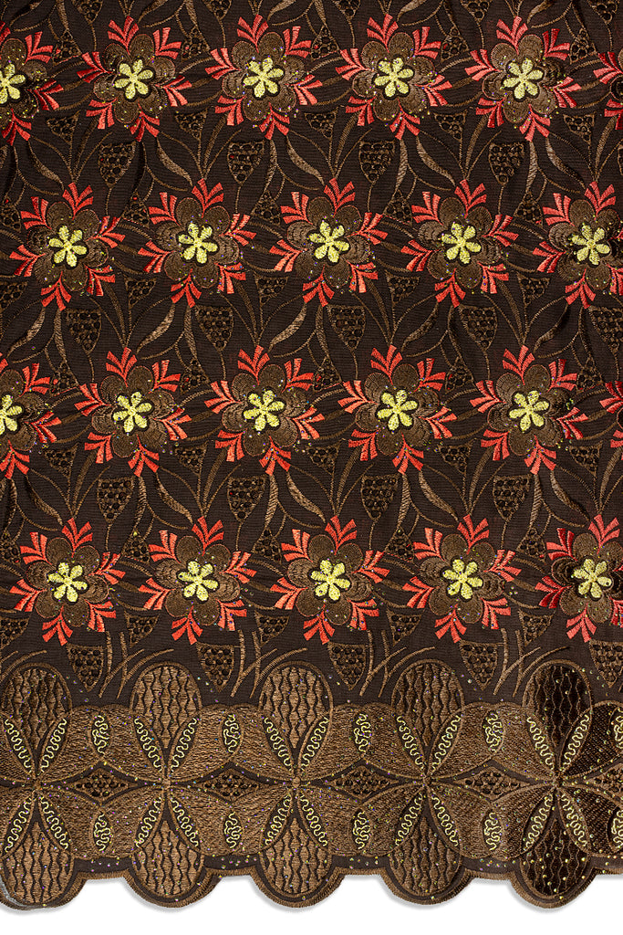 IRE670-CHB - Voile Lace - Chocolate Brown, Red & Gold