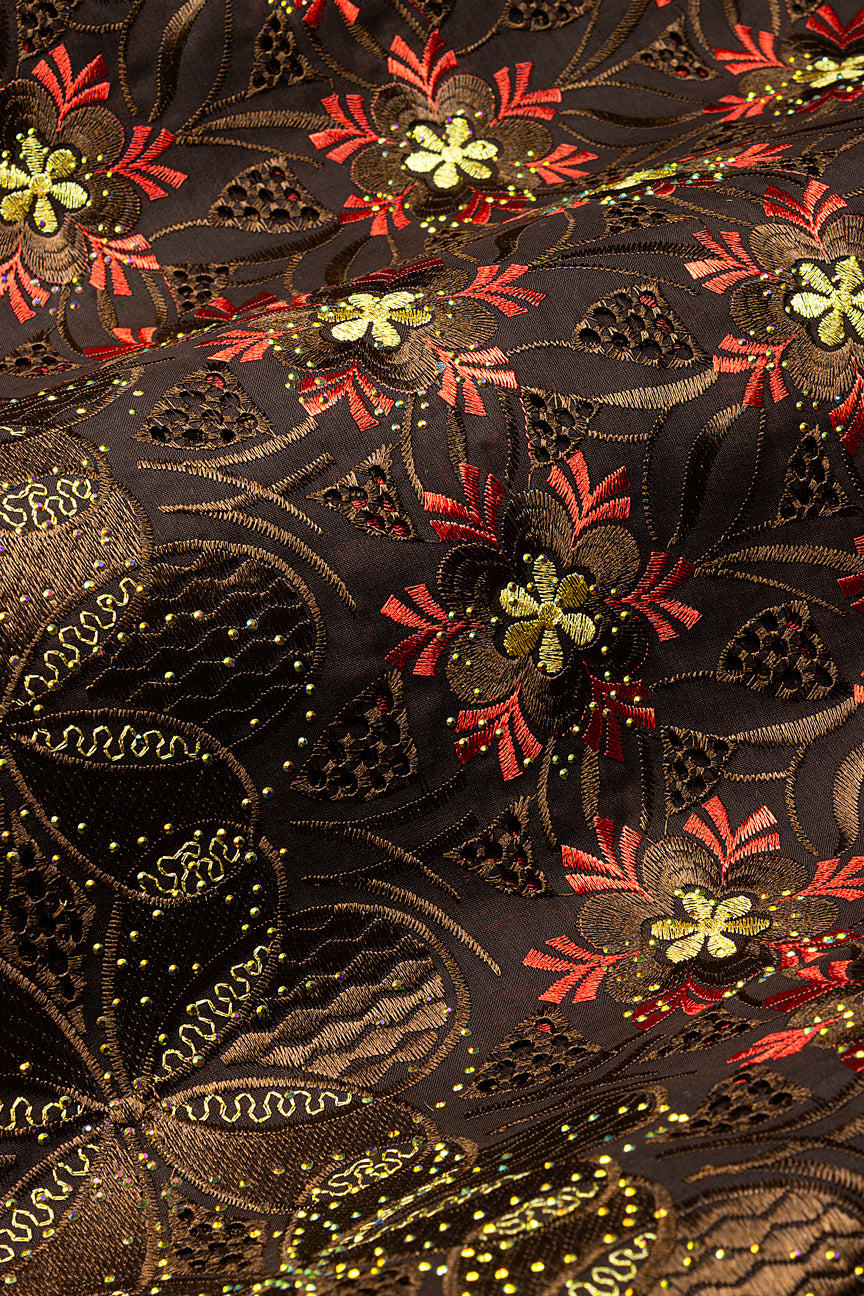 IRE670-CHB - Voile Lace - Chocolate Brown, Red & Gold