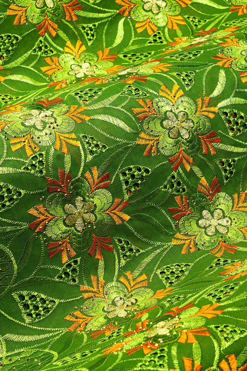 IRE670-LGN - Voile Lace - Leaf Green, Orange & Gold