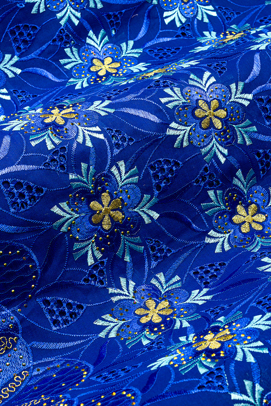 IRE670-RBL - Voile Lace - Royal Blue, Aqua & Gold