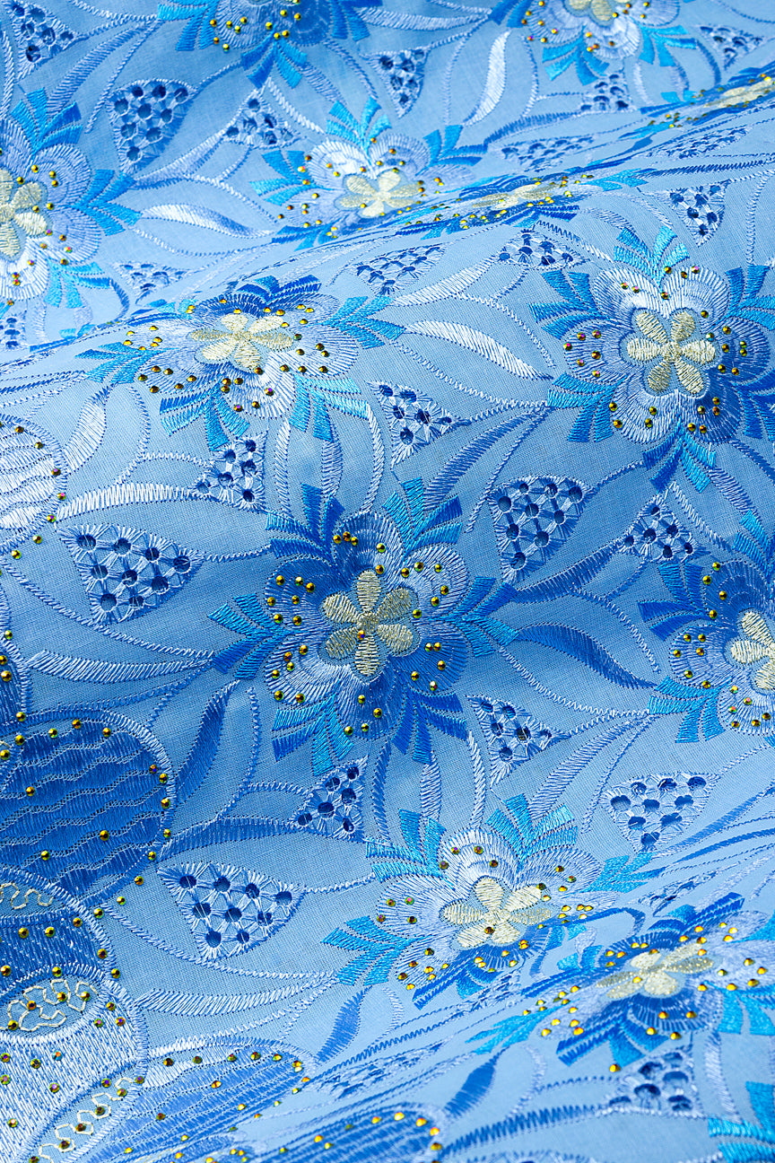 IRE670-SKB - Voile Lace - Sky Blue, Cream & Turquoise Blue