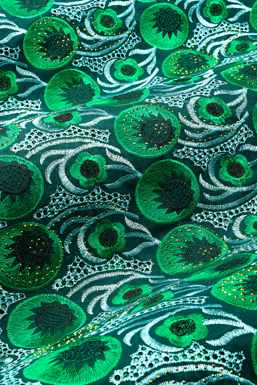 IRE671-CFG - Voile Lace - Charcoal, Forest Green & Aqua