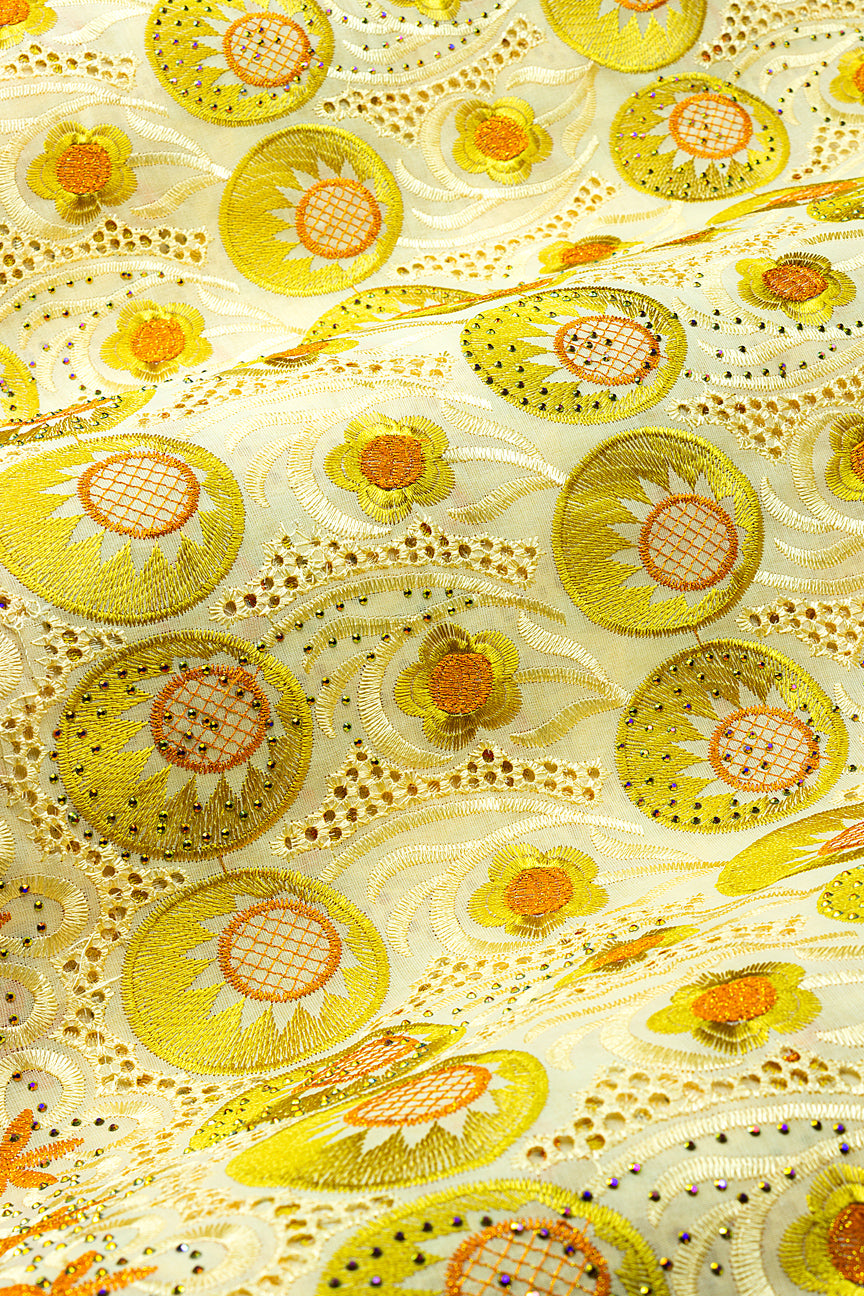 IRE671-CRM - Voile Lace - Cream, Light Gold & Orange