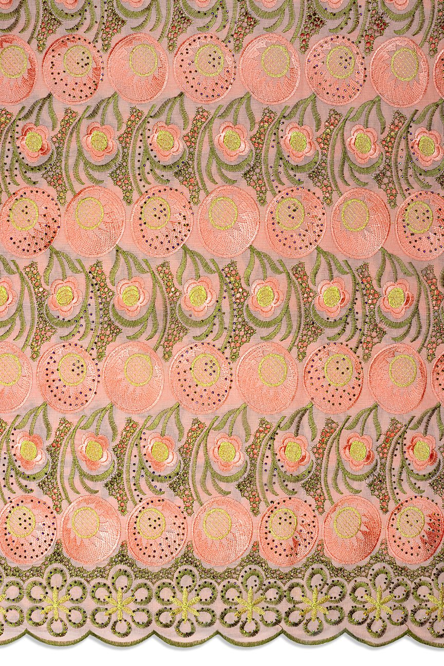 IRE671-PCH - Voile Lace - Peach, Army Green & Gold