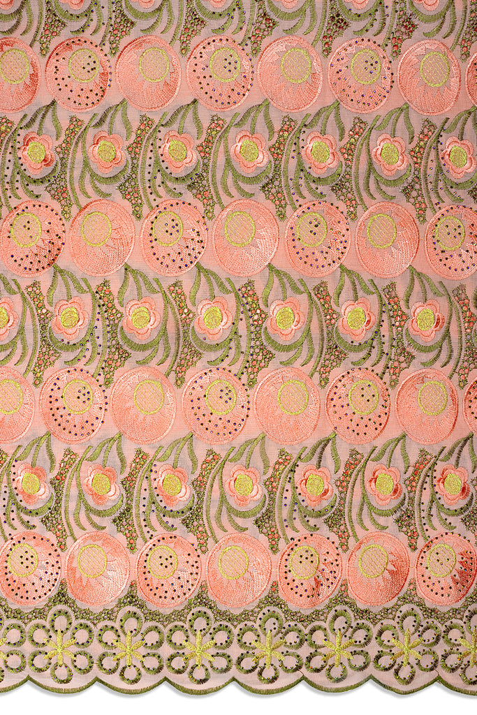 IRE671-PCH - Voile Lace - Peach, Army Green & Gold