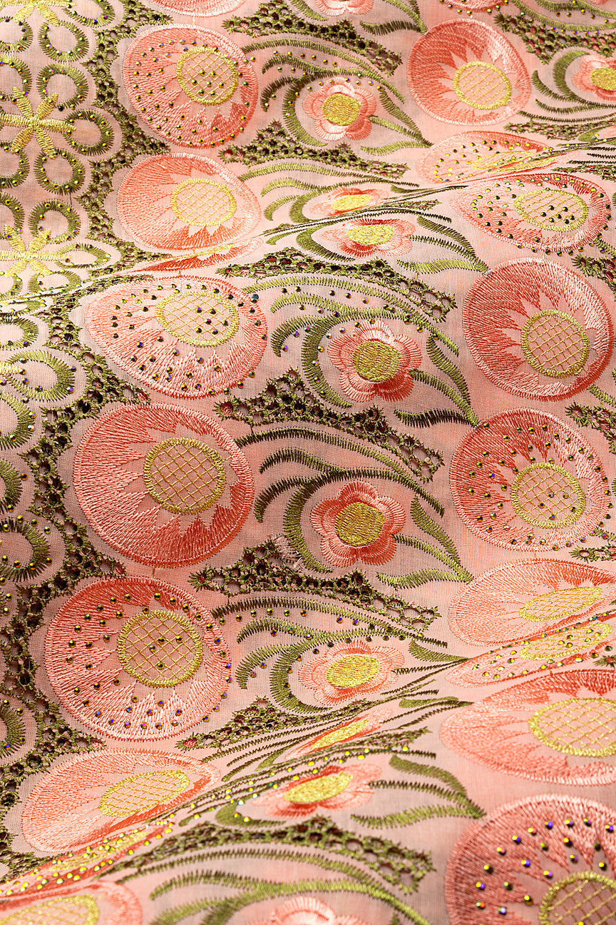 IRE671-PCH - Voile Lace - Peach, Army Green & Gold