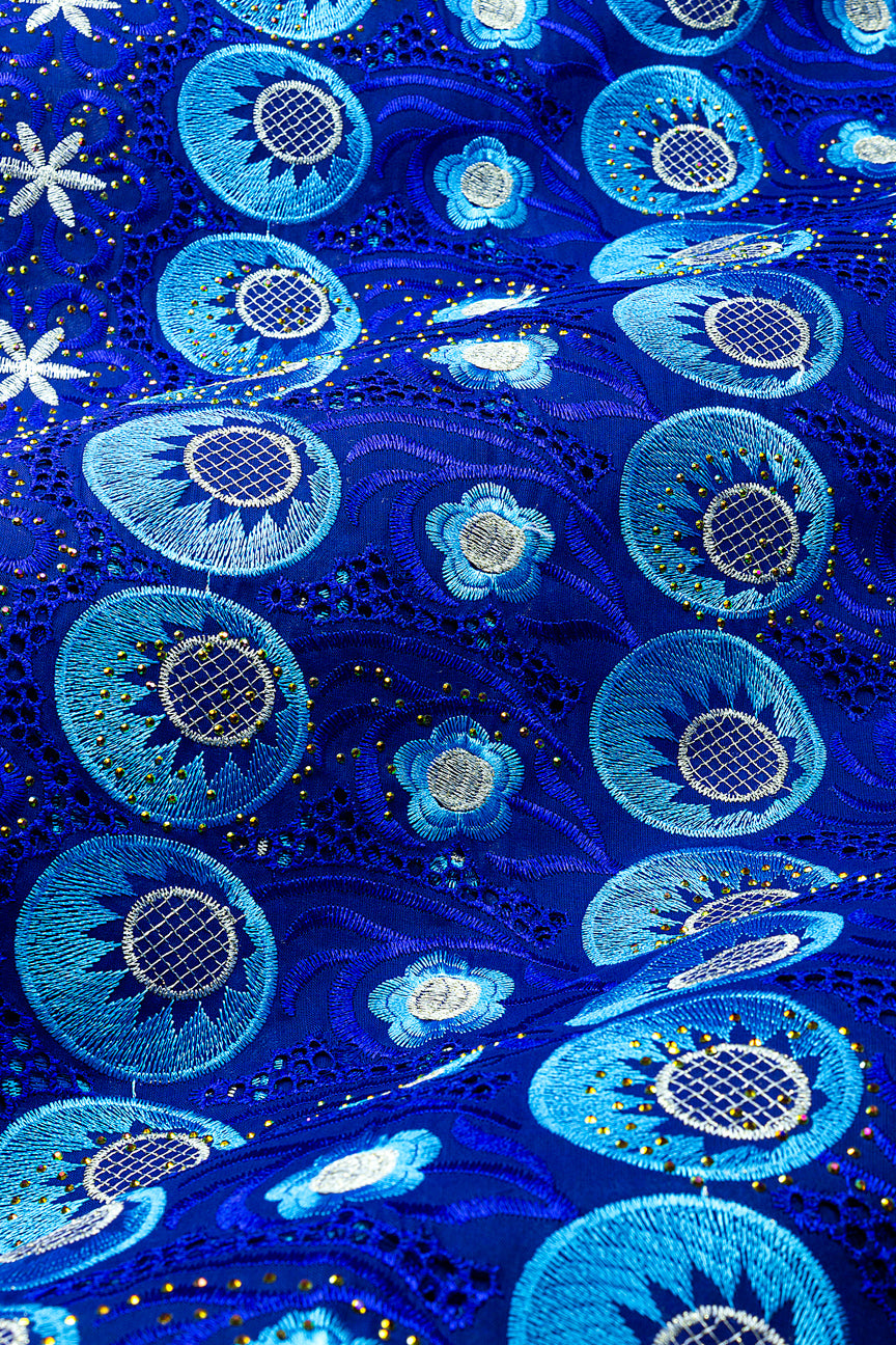 IRE671-RBL - Voile Lace - Royal Blue, Turquoise Blue & Ivory