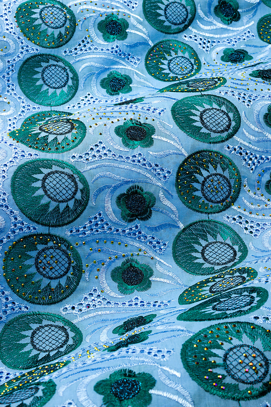 IRE671-SKB - Voile Lace - Sky Blue & Teal Green