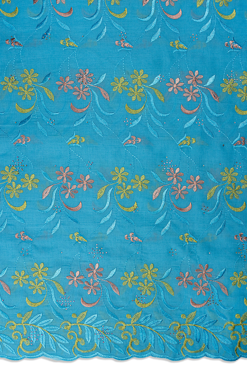 IRE672-AQB - Voile Lace - Aqua Blue, Peach & Gold
