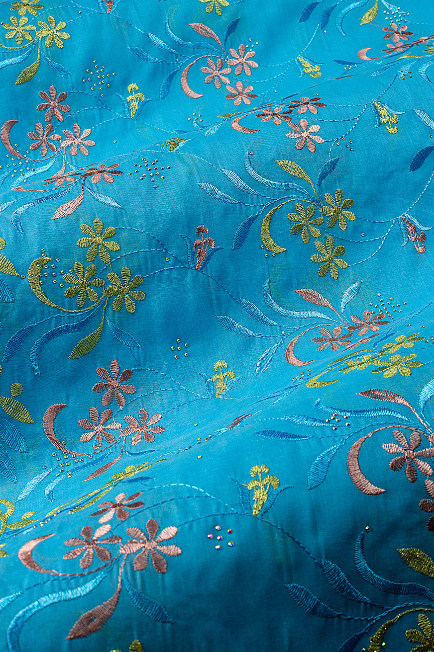 IRE672-AQB - Voile Lace - Aqua Blue, Peach & Gold