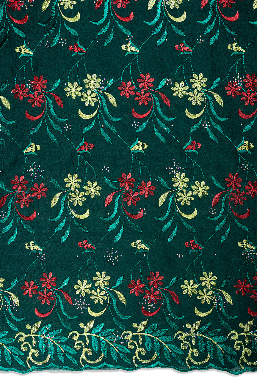 IRE672-BGN - Voile Lace - Bottle Green, Red & Gold