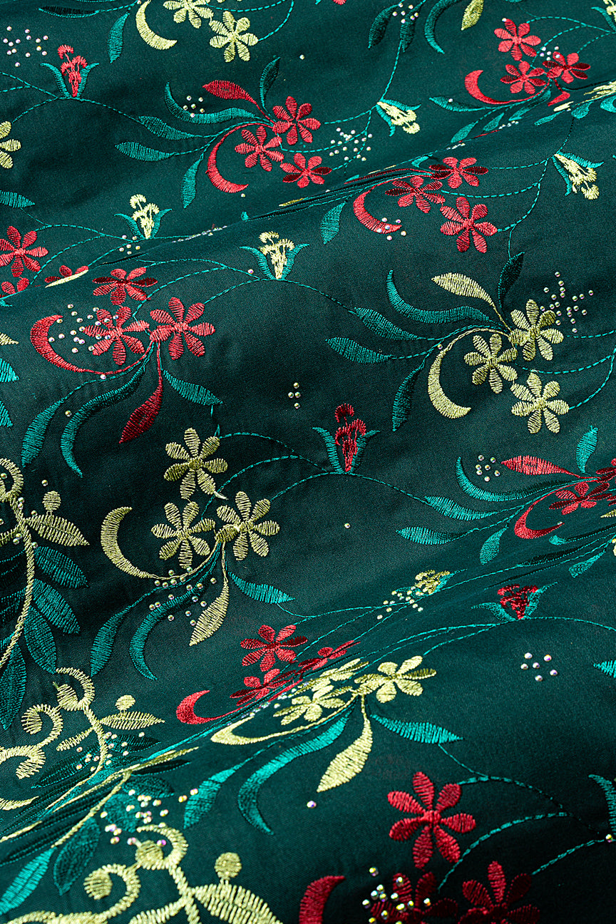 IRE672-BGN - Voile Lace - Bottle Green, Red & Gold