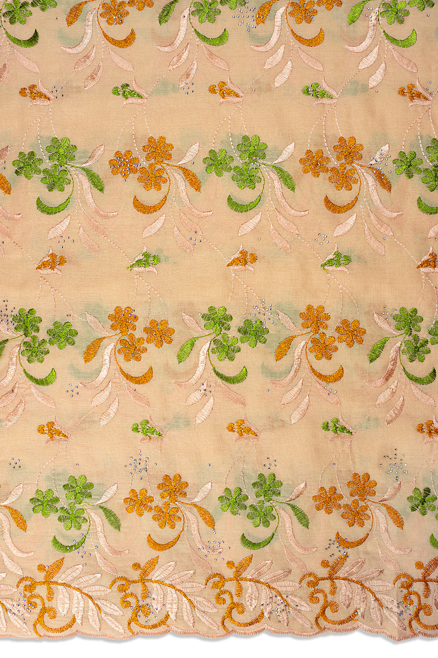 IRE672-PCH - Voile Lace - Pale Peach, Leaf Green & Yellow Gold