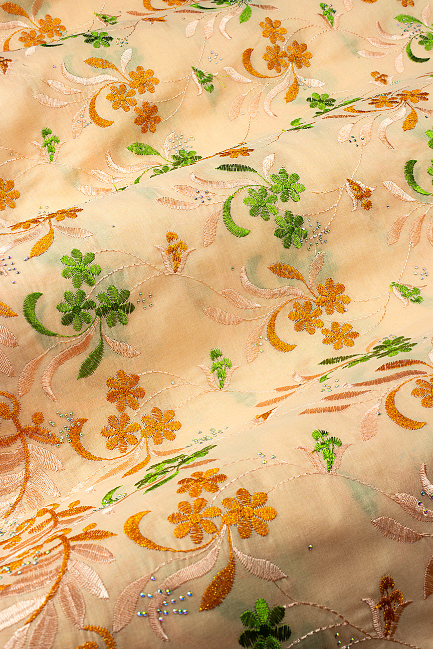 IRE672-PCH - Voile Lace - Pale Peach, Leaf Green & Yellow Gold