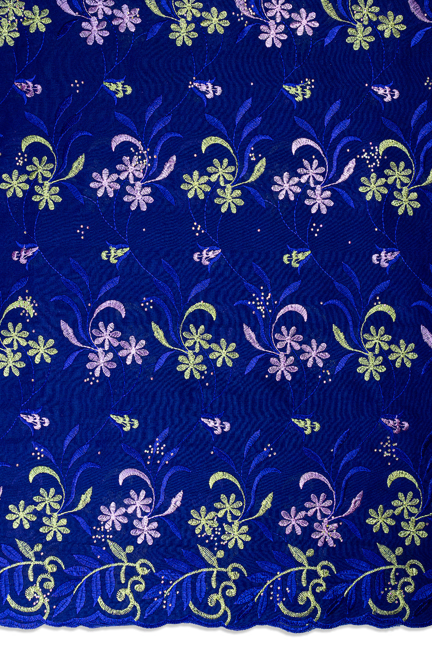 IRE672-RBL - Voile Lace - Royal Blue, Sky & Gold