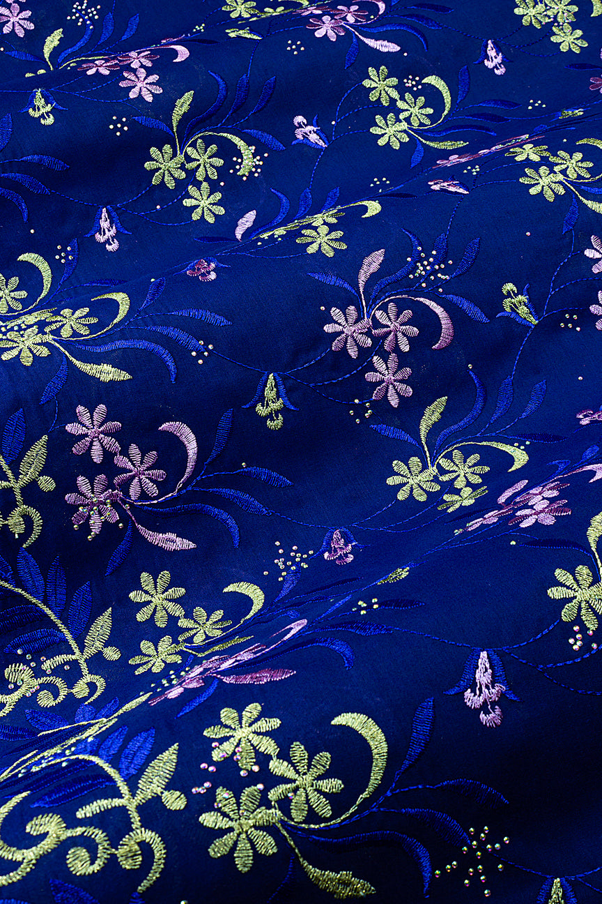 IRE672-RBL - Voile Lace - Royal Blue, Sky & Gold