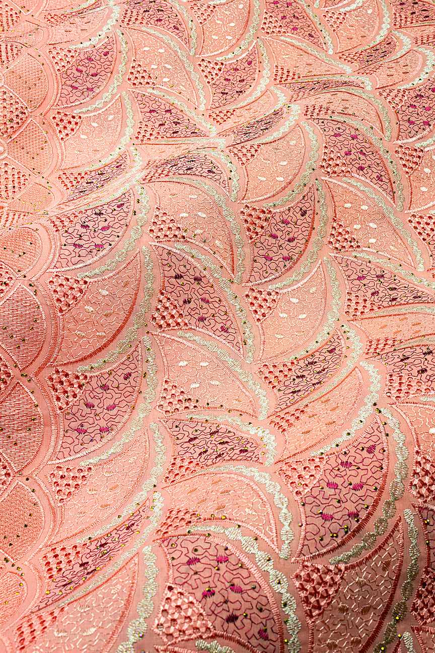 IRE675-PCH - Voile Lace - Peach, Beige & Burgundy