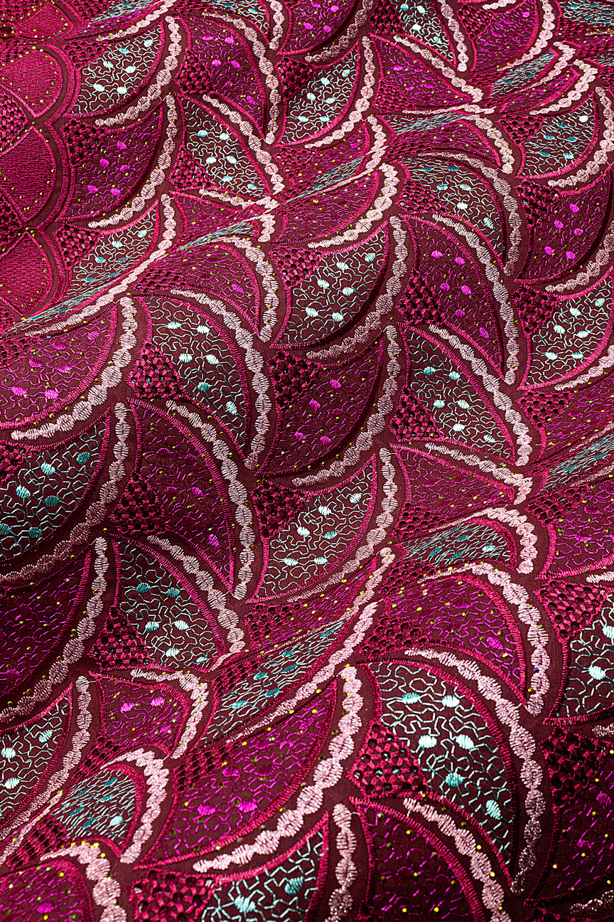 IRE675-WIN - Voile Lace - Wine, Magenta & Aqua Green