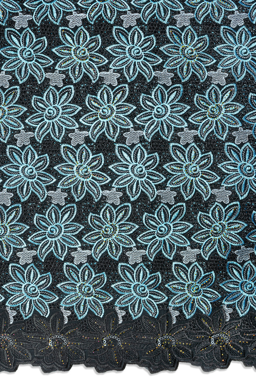 IRE676-BLK - Voile Lace - Black, Aqua & Silver
