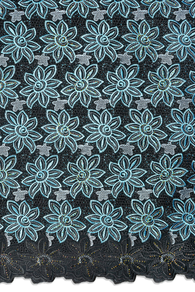 IRE676-BLK - Voile Lace - Black, Aqua & Silver
