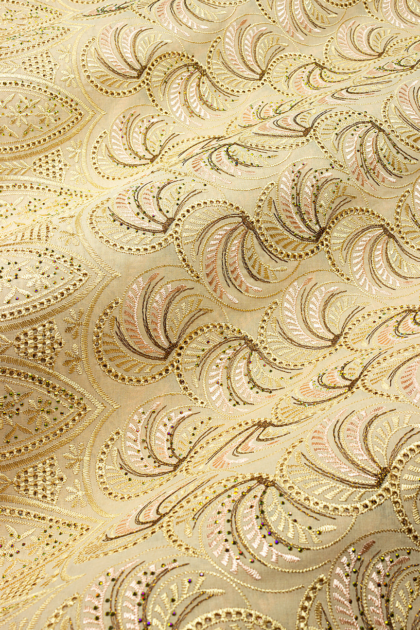 IRE677-SND - Voile Lace - Golden Sand, Brown & Light Peach
