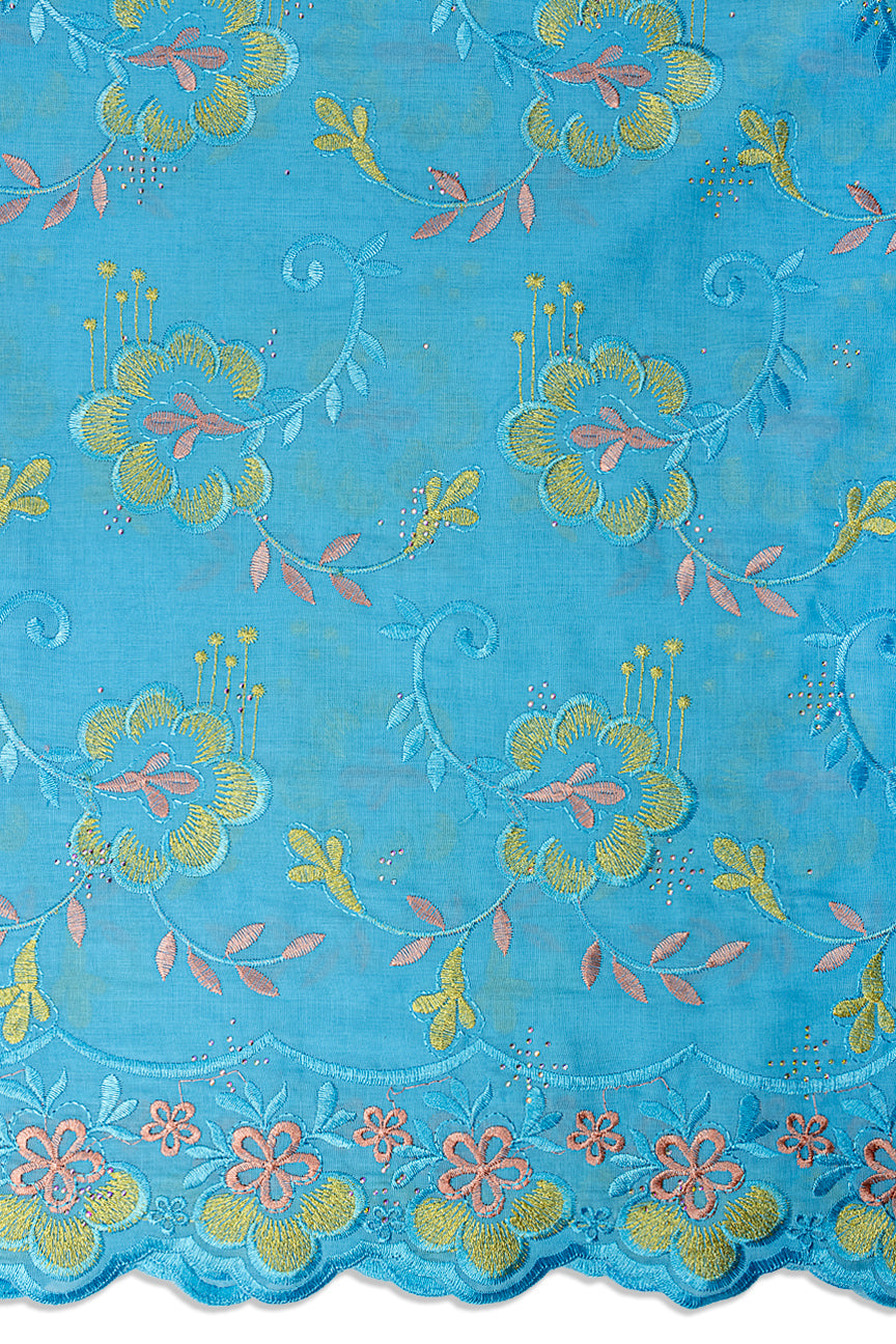 IRE678-AQB - Voile Lace - Aqua Blue, Peach & Gold