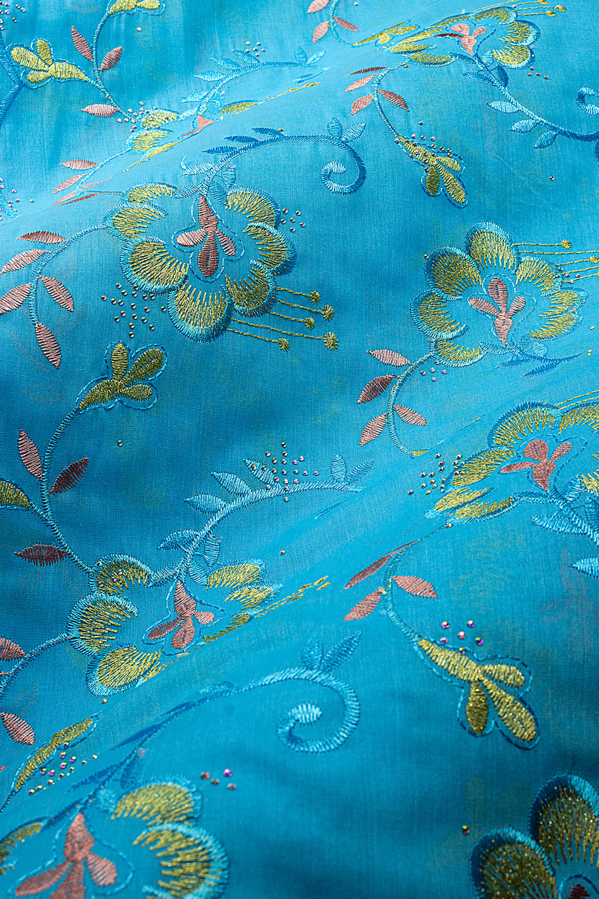 IRE678-AQB - Voile Lace - Aqua Blue, Peach & Gold