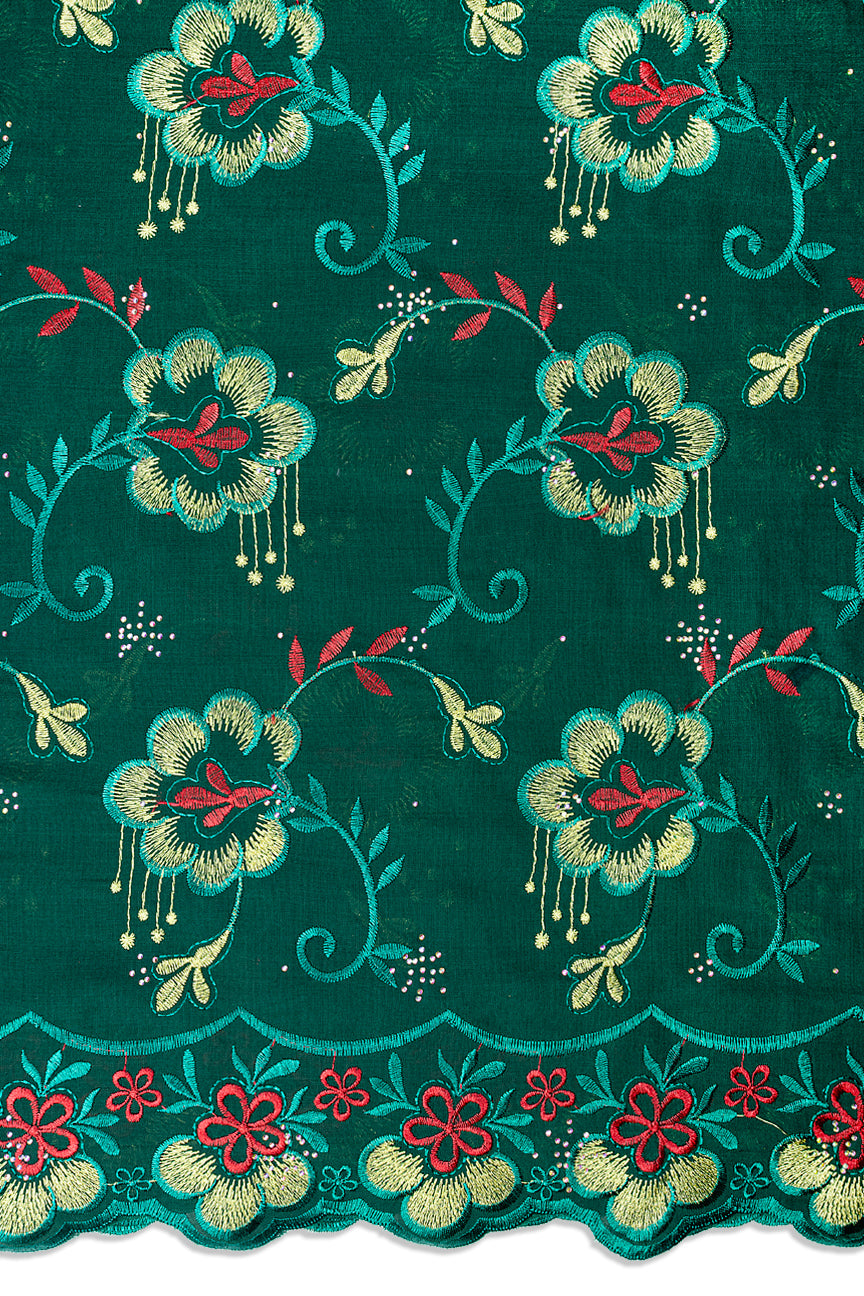 IRE678-BGN - Voile Lace - Bottle Green, Red & Gold