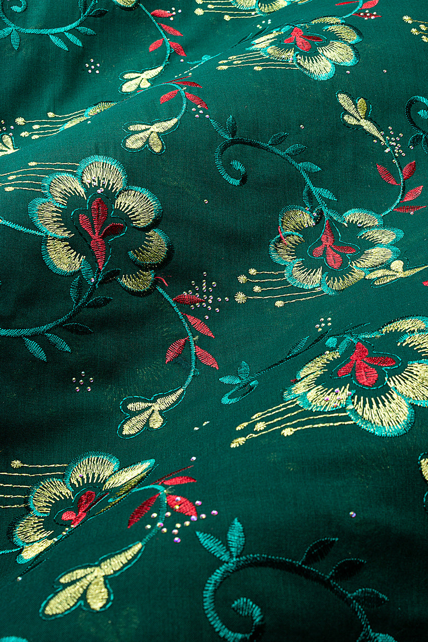 IRE678-BGN - Voile Lace - Bottle Green, Red & Gold