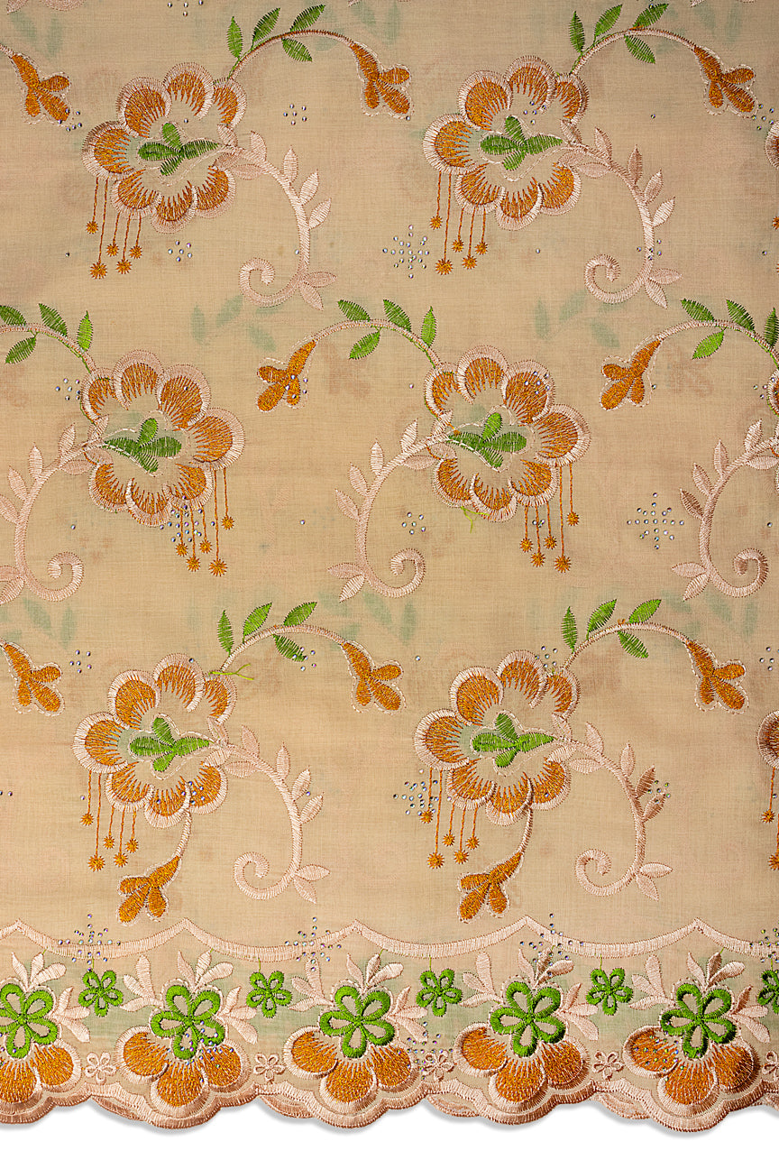 IRE678-PCH - Voile Lace - Pale Peach, Leaf Green & Yellow Gold