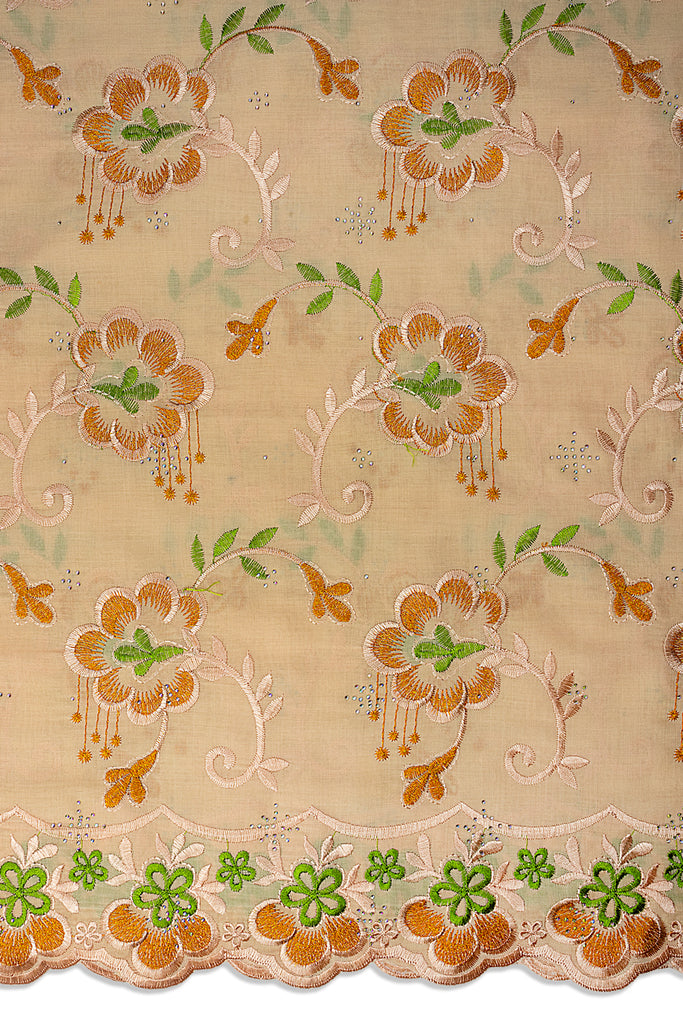 IRE678-PCH - Voile Lace - Pale Peach, Leaf Green & Yellow Gold