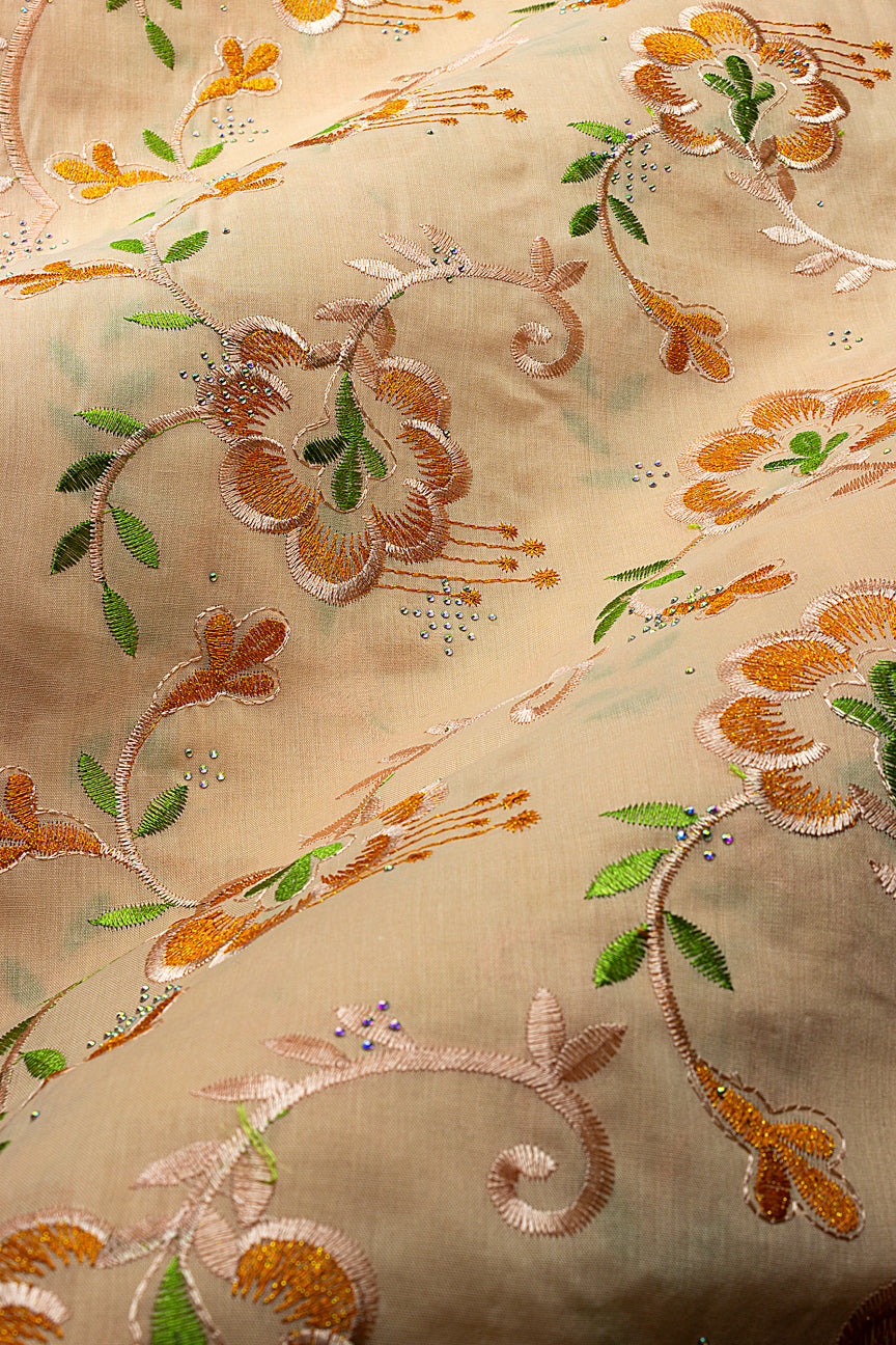 IRE678-PCH - Voile Lace - Pale Peach, Leaf Green & Yellow Gold